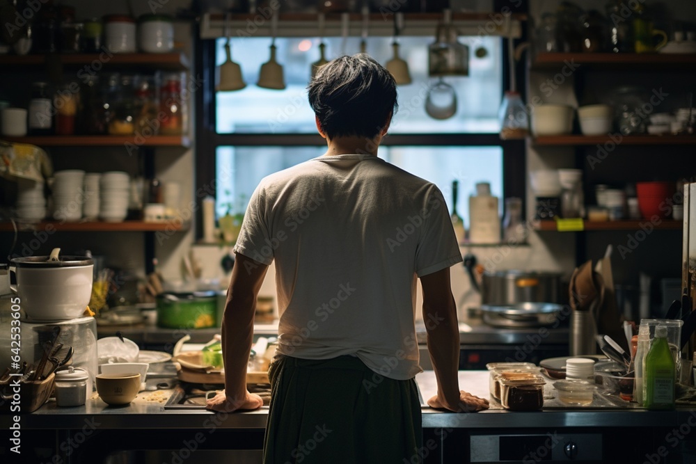 Man's back in a Kitchen Working