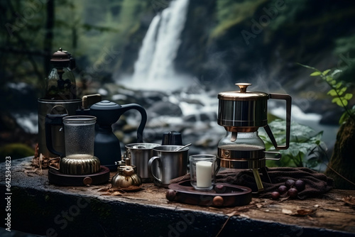Coffee making equipments while stopping for a break in a nature hiking spot with a forest view. near a waterfall or a lake, during a cold rainy day