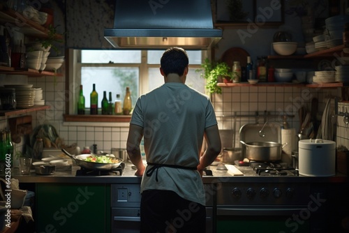 Man's back in a Kitchen Working