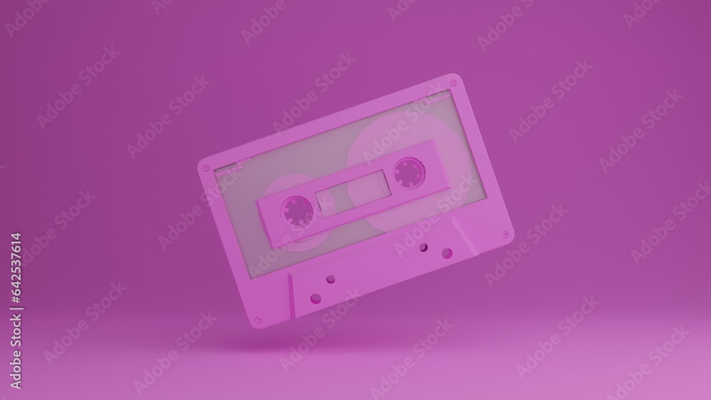 Retro audio cassette 3d rendered illustration. 70s, 80s, 90s years popular audio tape. Music minimalism concept, pink color