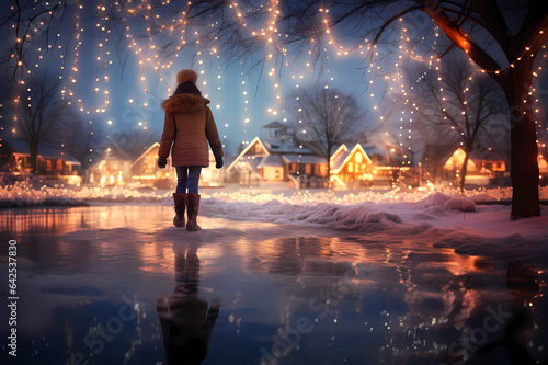 person in cold weather clothes walking across frozen pond to brightly lit houses