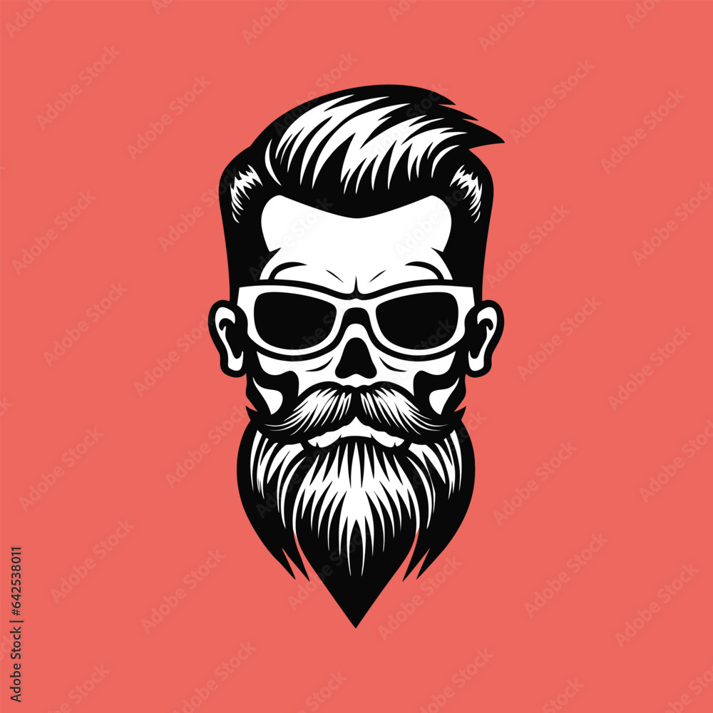 A stylish barbershop logo features a skull man with slicked back hair, beard, and mustache A stylish barbershop logo features a skull man with slicked back hair, beard, and mustache
