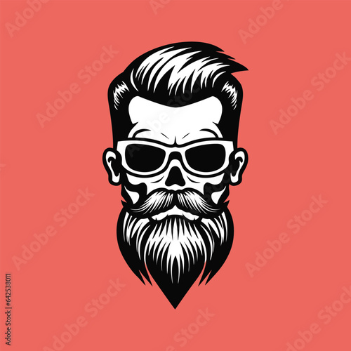  A stylish barbershop logo features a skull man with slicked back hair, beard, and mustache