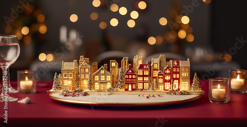 Small illuminated miniature village toy on bokeh Christmas table with candles. Cute Christmas small town with snowy houses. Christmas Holidays. Christmas Card. digital ai © Viks_jin