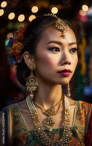 Portrait beautiful young Thai woman, wearing luxurious clothing.