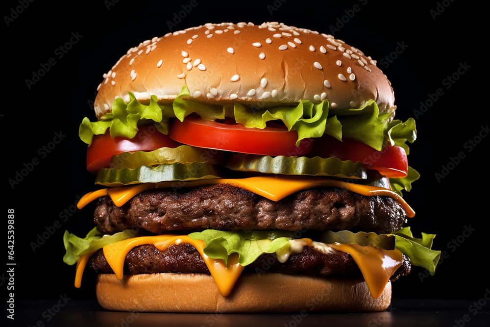 Two Patty Burger On Black Background, Hamburger
