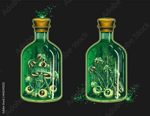 Hand drawn bottle of green poison, potion with eyeballs, mushrooms, grass inside. Halloween creepy illustration in vintage style on black background.