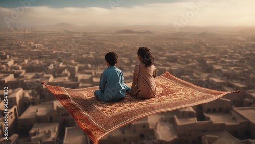An Arab boy and girl flying over a cityscape ontop of a magic carpet.