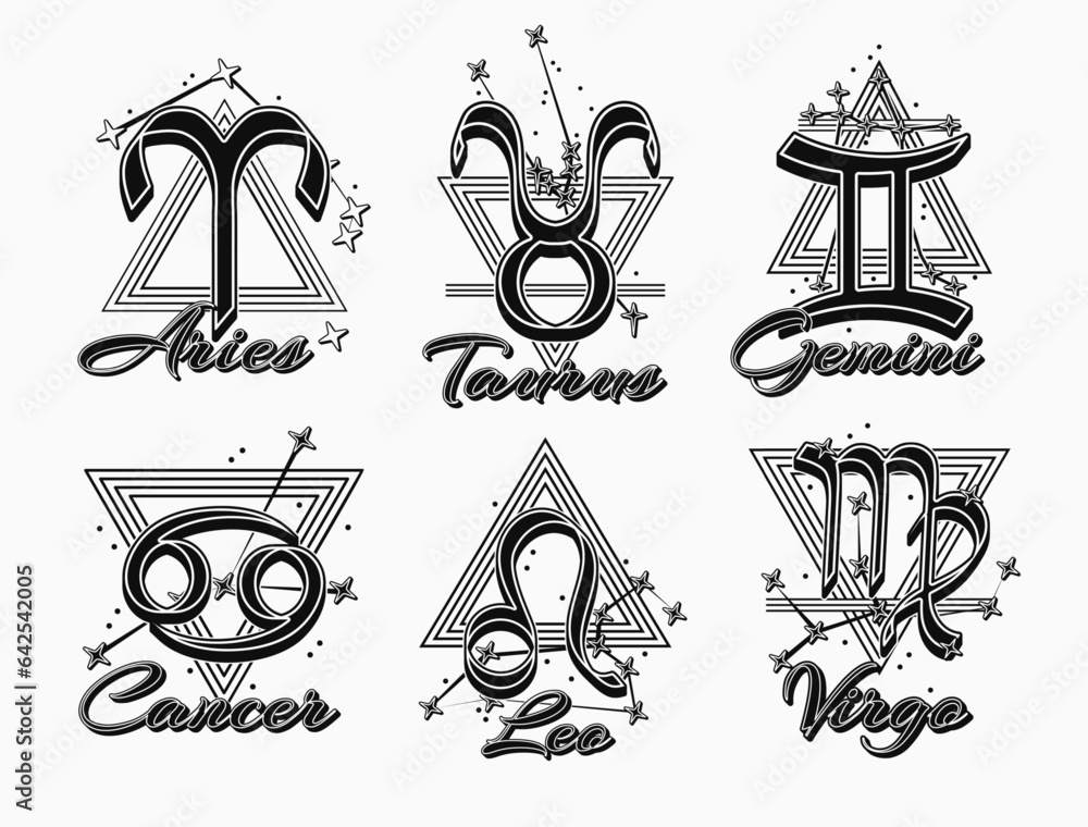 Set of black and white icons of zodiac sign Aries, Taurus, Gemini ...