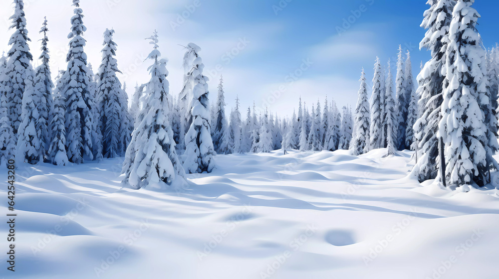Beautiful panorama snowy winter mountain landscape with vivid blue skies 