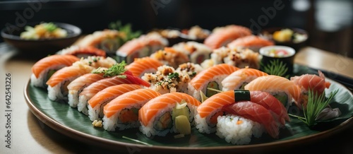 sushi on a plate with chopsticks