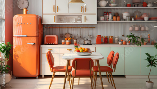 20th Century Scandinavian Kitchen with Red Accents and Pop-Culture Flair. photo