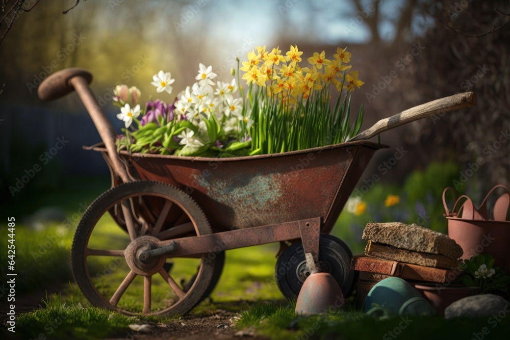 Wheelbarrow with flowers and gardening equipment