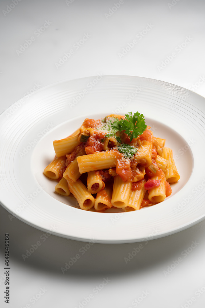 Rigatoni all'Amatriciana on a white plate. Traditional Italian pasta. Rigatoni all'Amatriciana on a white plate. Traditional Italian pasta.