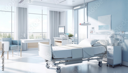 Hospital empty care clean modern recovery equipment medicine health room bed