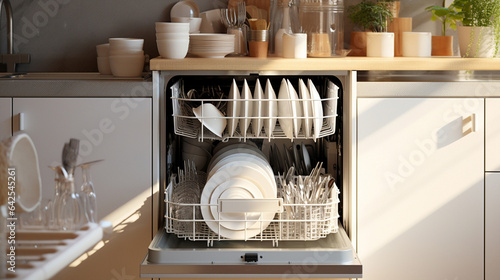 Appliance machine housework kitchen dish cleaning plate modern household domestic home hygiene dishwasher photo