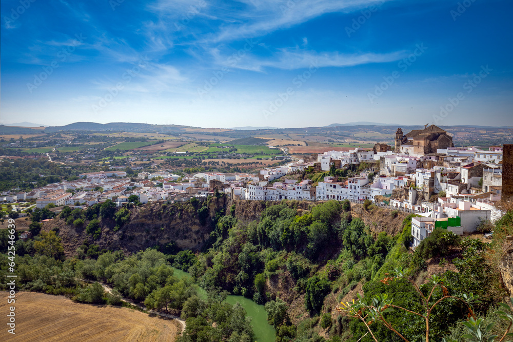 View of the white village of Arcos de La Frontera, Cádiz, Andalusia, Spain, on top of a hill