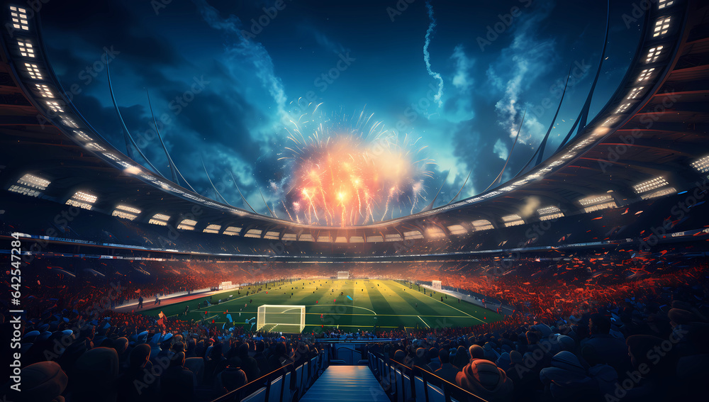 A Packed Stadium Cheers Amidst a Sunset and Fireworks Display. AI Generated.