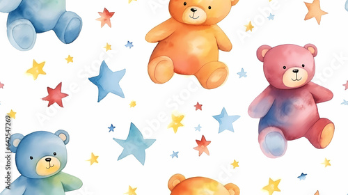 Teddy bears and stars watercolor seamless wallpaper with a white background.  paper for gift wrap, scrapbook, crafts, art projects for kids