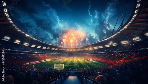 A Packed Stadium Cheers Amidst a Sunset and Fireworks Display. AI Generated. © Роман Варнава