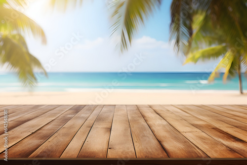 beach with wooden floor,,,,,, Wood Floor Top On Blurred Blue Sea With Island Picture