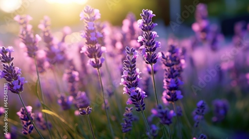 Lavender flowers in the garden at sunset. Selective focus. Mother s day concept with a copy space. Valentine day concept with a copy space. Greeting Card Concept.