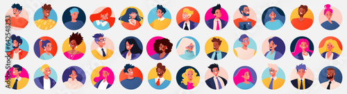 Set of portraits, avatars, icons with cute vector characters in flat cartoon style. Modern stylish diverse people, ethnicities, ages, smiling female and male characters of different races and ages.
