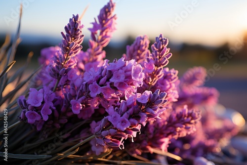 Lavender flowers in the garden at sunset. Selective focus. Mother s day concept with a copy space. Valentine day concept with a copy space. Greeting Card Concept.