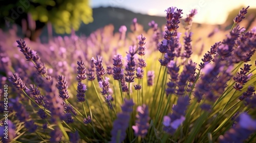 Lavender flowers blooming in a lavender field at sunset. Mother s day concept with a copy space. Valentine day concept with a copy space. Greeting Card Concept.