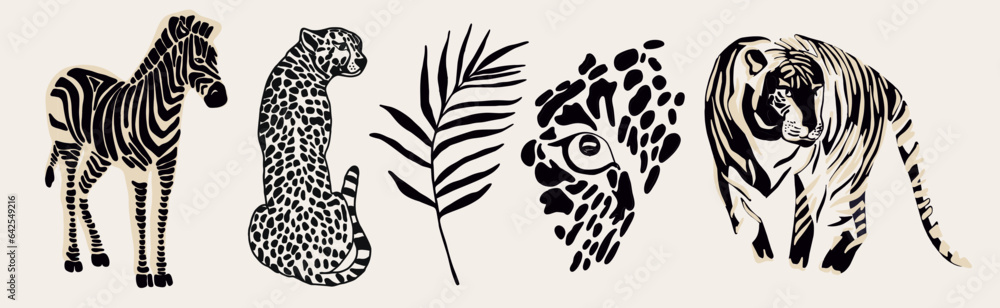 Fototapeta premium Collection of wild animals. Leopard, tiger, zebra. Hand-drawn, abstract.