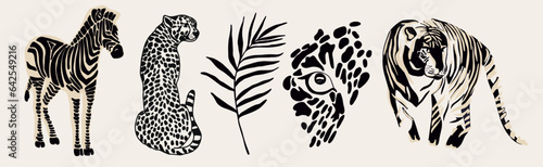 Collection of wild animals. Leopard, tiger, zebra. Hand-drawn, abstract.