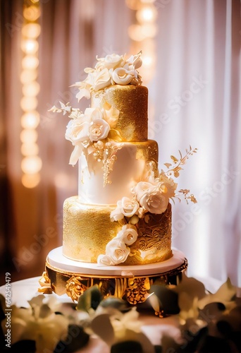 Wedding cake decorated with a beautiful decor of cream. Generative Ai photo