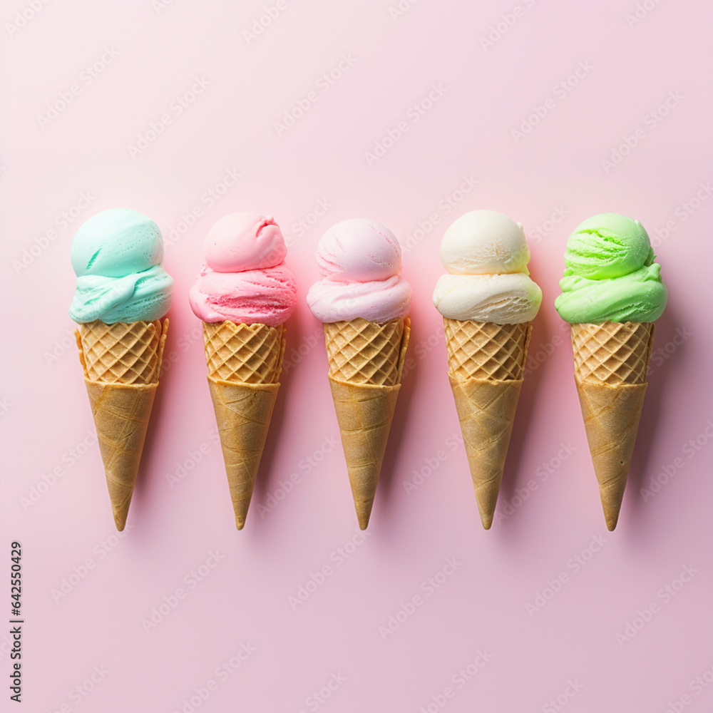 5 Different ice cream cone Flavors on minimalist background, isolated on a light pink background with copy space. Colorful Ice creams in waffle cones. Generative AI 5 Different ice cream cone Flavors on minimalist background, isolated on a light pink background with copy space. Colorful Ice creams in waffle cones. Generative AI