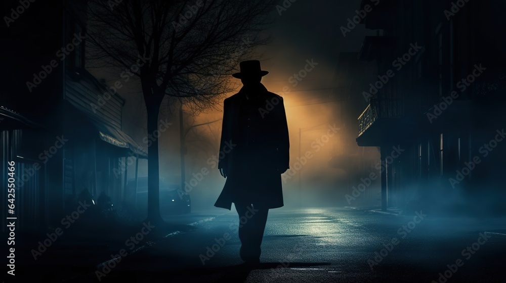 The dark silhouette of a man in a hat walks the middle of the street. Created using generative artificial intelligence technology. The dark silhouette of a man in a hat walks the middle of the street. Created using generative artificial intelligence technology.