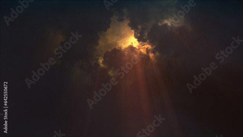 3D rendering of thunderclouds with bright lightning flashes