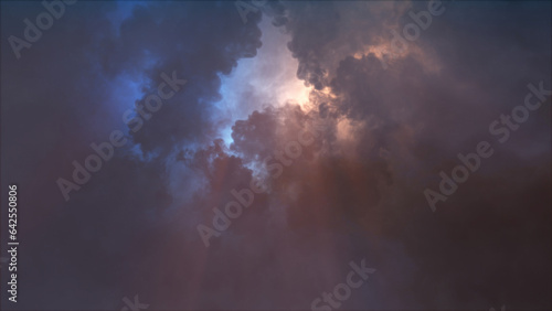 3D rendering of thunderclouds with bright lightning flashes