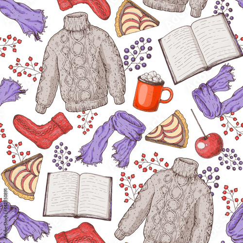 Cozy autumn seamless pattern. Background with wool sweater, open book, scarf, knitted socks, apple pie piece, twigs, warm clothes. Hand drawn vector illustration.