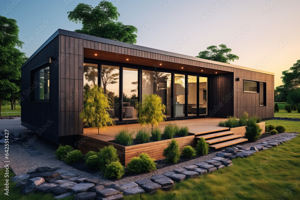 Fototapeta premium Beautiful Tiny Cabin House Surrounded by Lush Greenery and Exotic Plants.