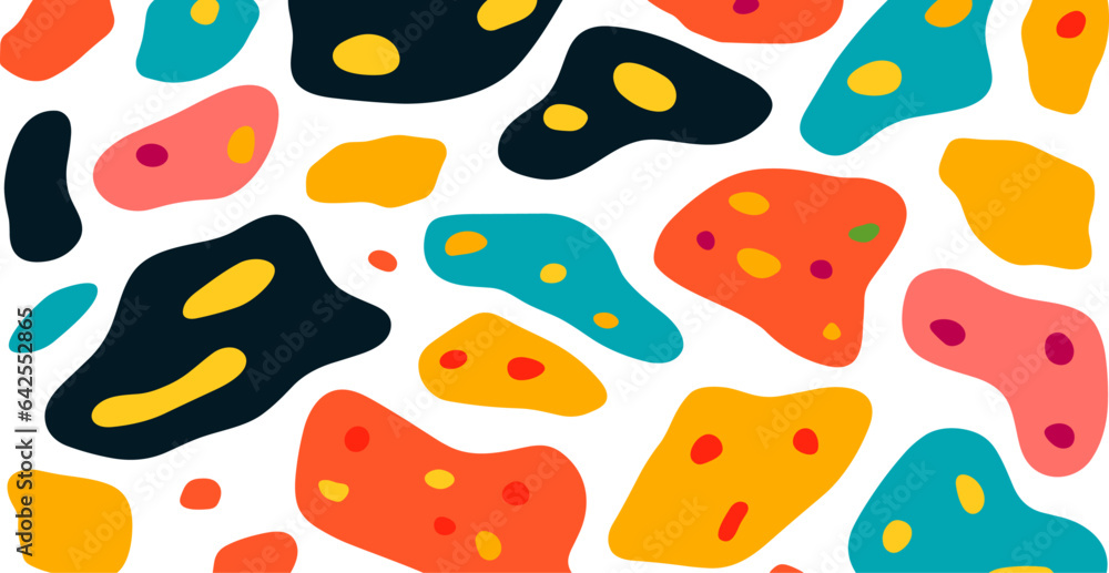 Abstract Seamless Motif: Liquid Blob Shapes in Various Colors, Animal Print Vibes. Vector Background Perfect for Clothing and Home Décor. Abstract Seamless Motif: Liquid Blob Shapes in Various Colors, Animal Print Vibes. Vector Background Perfect for Clothing and Home Décor.