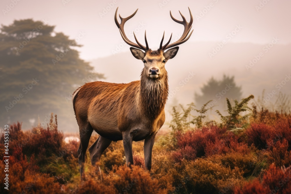 Fototapeta premium Red deer stag in the autumn forest. Noble deer male. Beautiful animal in the nature habitat. Wildlife scene from the wild nature landscape. Wallpaper, beautiful fall background