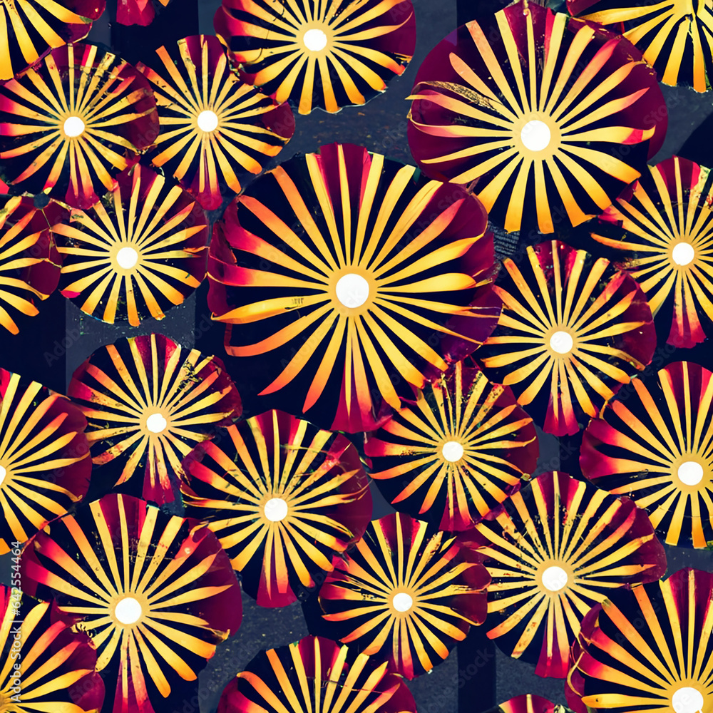 Pattern of fans with golden decor.Vector seamless pattern of red fans with golden decor on a transparent background Pattern of fans with golden decor.Vector seamless pattern of red fans with golden decor on a transparent background