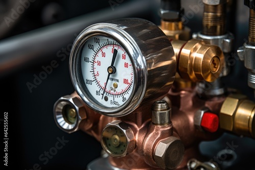 Close-up of an air compressor regulator with adjustable knobs and pressure relief valve.