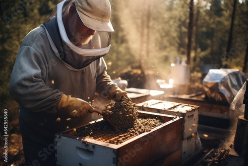 Honey farming and beekeeper with crate. © amankris99