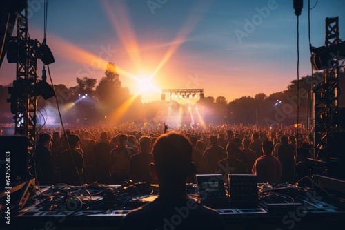 Video production covering event on stage by professional video camera in outdoor concert at sunset.