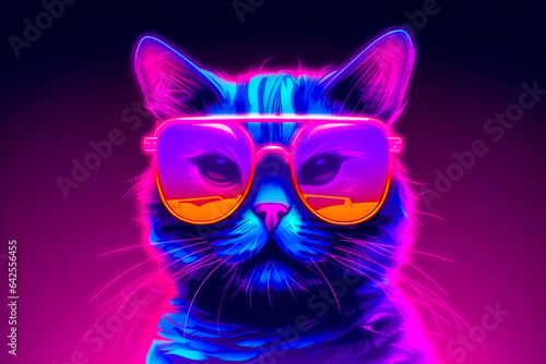 Cat wearing sunglasses on pink and blue background with neon glow. © Констянтин Батыльчук