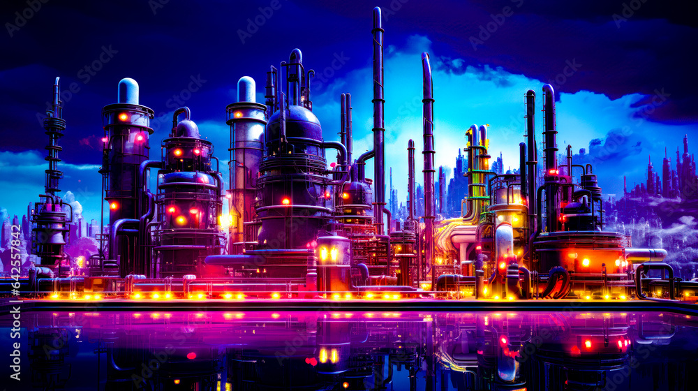 Futuristic city with lot of pipes and lot of lights on it.