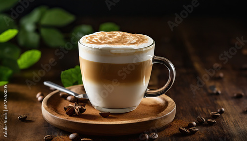 Caffè latte with whipped cream and garnished with cinnamon powder, on a wooden table with coffee bean decor and fresh mint leaves.