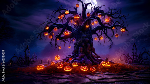 Tree with pumpkins on it and full moon in the background.
