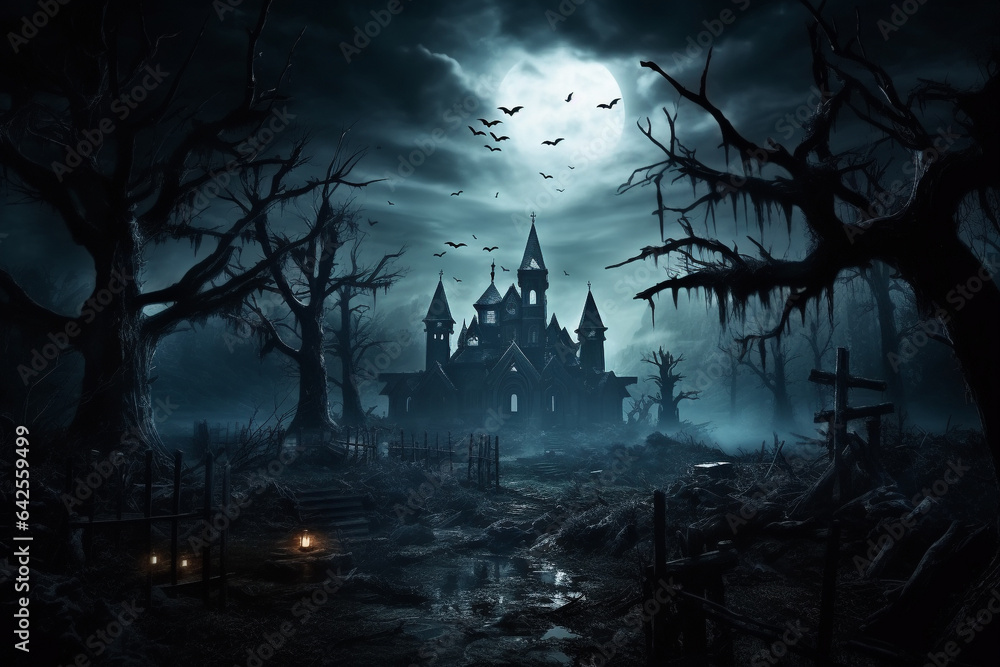 illustration of sinister halloween landscape with haunted house