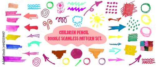 Colorful children pencil doodle seamless pattern set. Childish freehand scribble and hand drawn crayon shapes background collection.